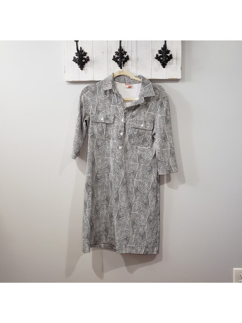 Persifor Shirt Dress Black White Geometric Print Women's Small Preppy